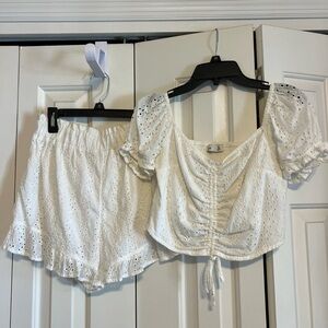 Hollister White Eyelet Ruched Drawstring Crop Top